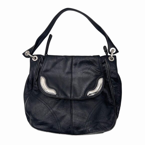 B MAKOWSKY BLACK LEATHER PURSE BAG w/ SILVER HARDWARE LEOPARD PRINT INTERIOR - Picture 1 of 10